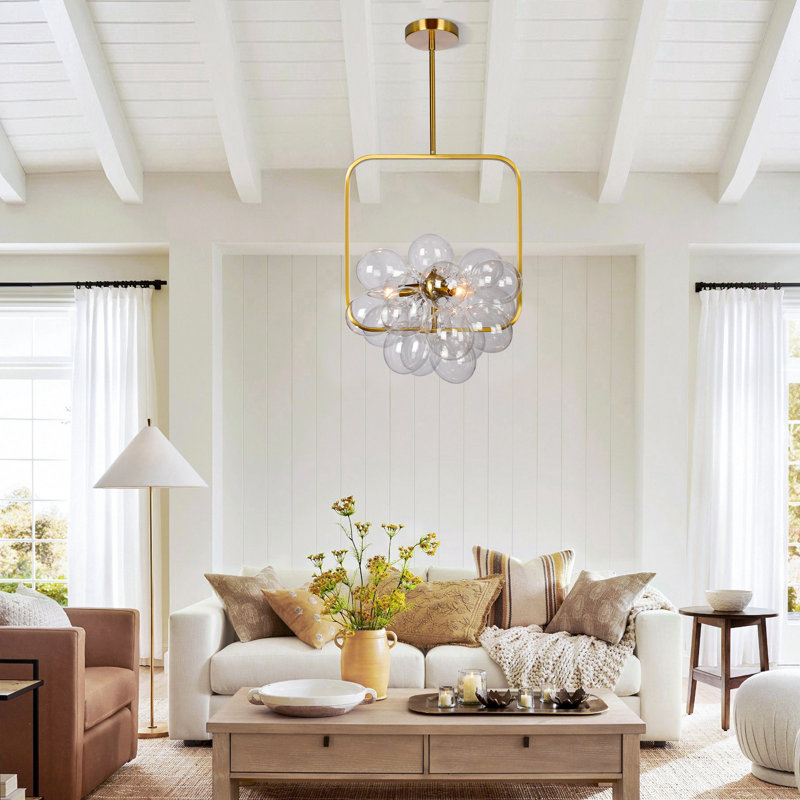 Modern Dimmable Glass Bubble Sphere Chandelier, Dia 15", Clear, Gold