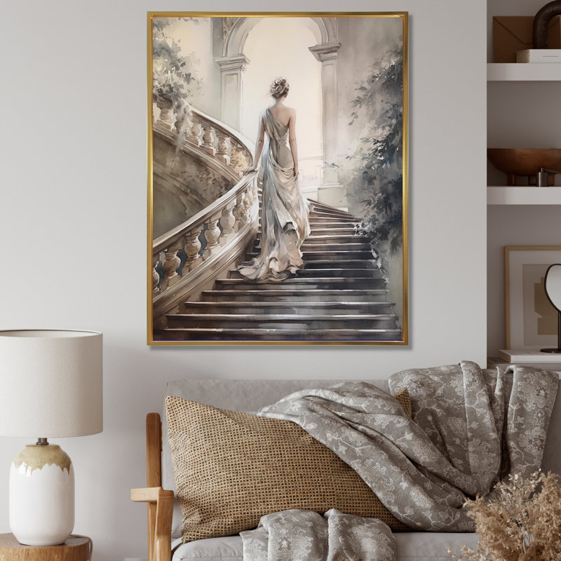 «Stunning Girl By The Stairs II», art romantique sur toile, H 32 po x l 24 po x P 1 po, Cadre flottant doré