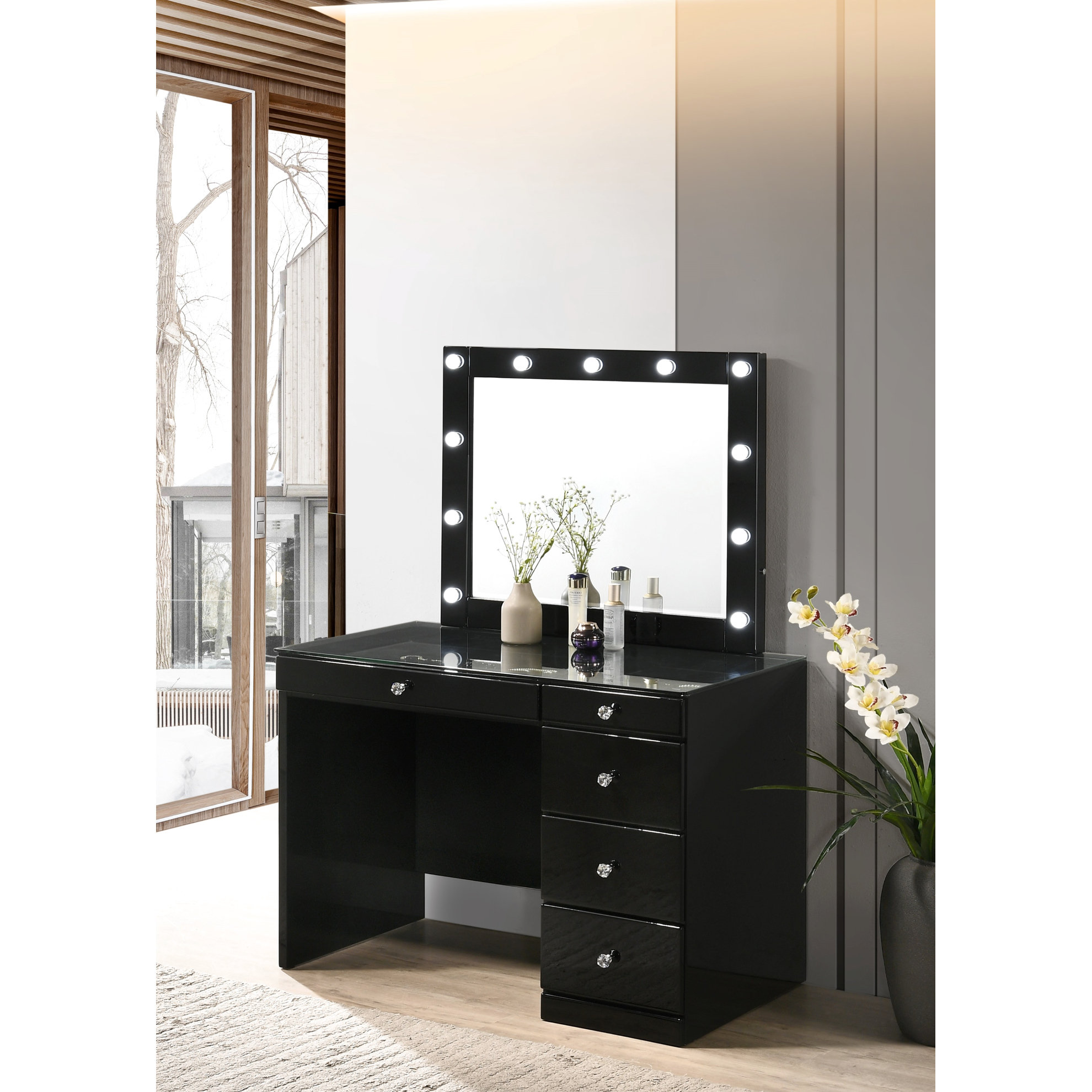 Orren Ellis Black Contemporary Makeup Vanity Table With 5 Drawers And
