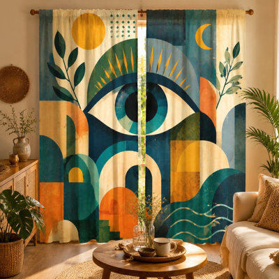 2Pcs Abstract Eye Sun Catcher Curtains, Geometric Boho Light Filtering Window Drapes, Rod Pocket Room Divider for Living, Bedroom, Kitchen Home Decor