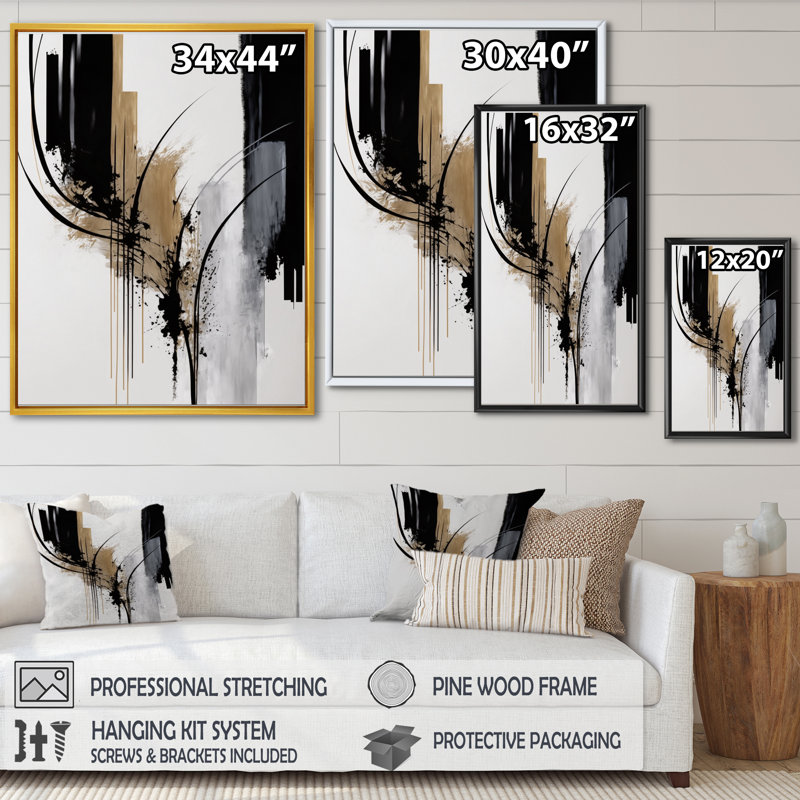 Avetik noir et blanc Expression II - art mural moderne sur toile, H 32 po x l 24 po, Toile avec cadre flottant, Noir