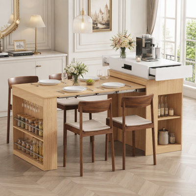 Extendable Kitchen Island with Folding Tabletop and Power Outlet