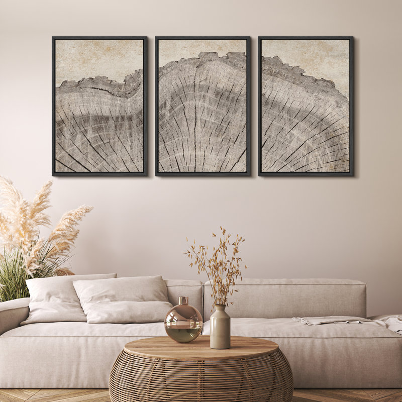 KUVIOKE Tree Rings Wooden Frame Wall Art Modern Retro Beige Wood Stump