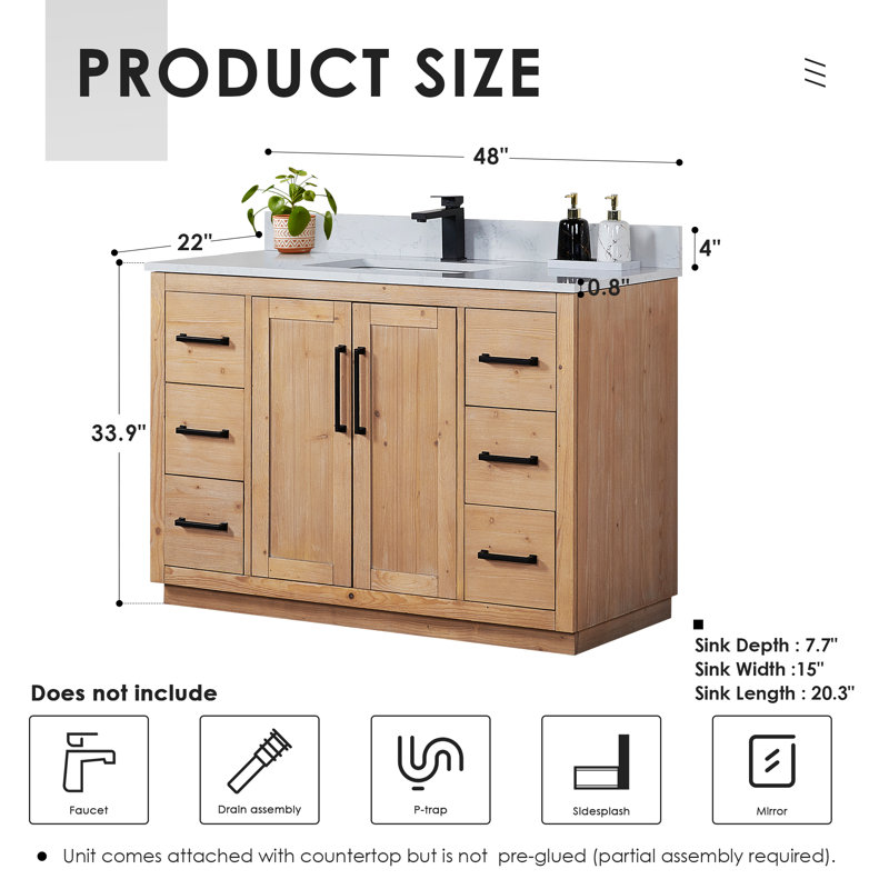 Cicero 48" Single Bathroom Vanity with Grain Engineered Stone Countertop without Mirror
