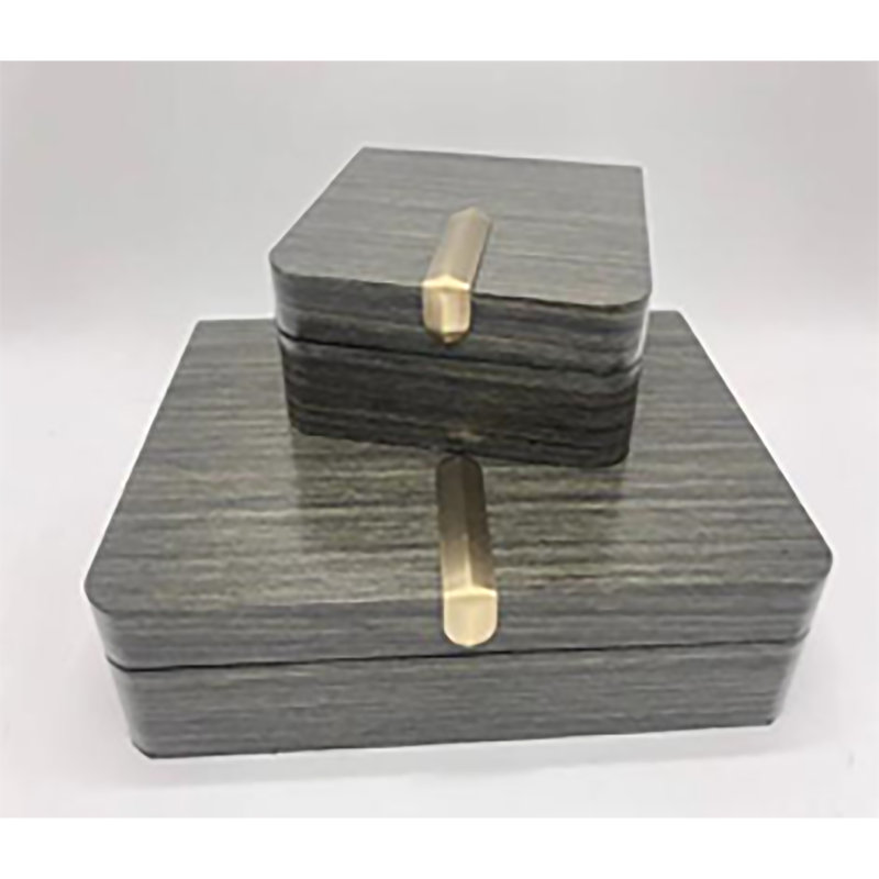 Set of Two Gray Wood Boxes with Metal Clasp and Fabric Interior