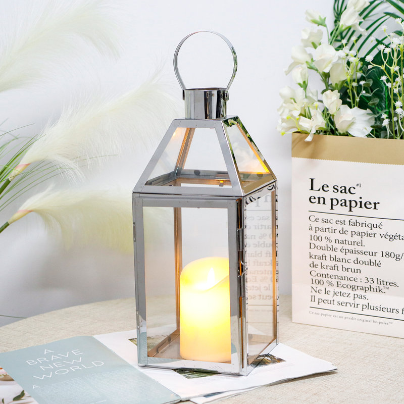 16'' H Metal Tabletop Lantern, Silver