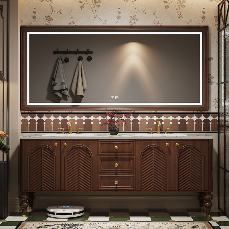 Armoire de salle de bain double à double cuve rétro, Brun, 71"