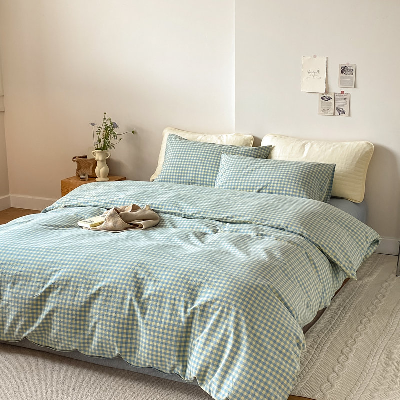 Muti-Color Modern Buffalo Washed Cotton Plaid Duvet Set, Plaid 7, Queen Duvet Cover + 2 Standard Pillowcases