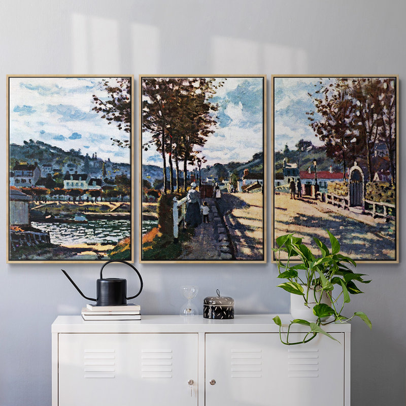 «The seine at bougival» par Monet, reproduction sur toile flottante 3 pièces, H 24 po x l 48 po x P 2 po, Naturel