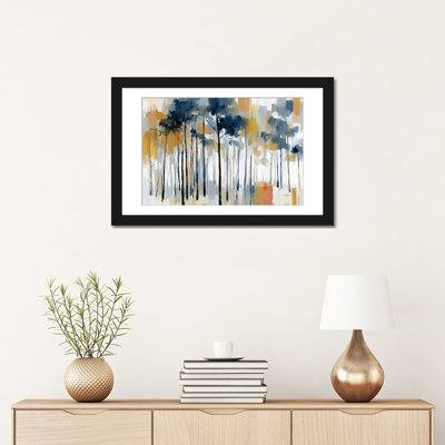 Paysage forestier abstrait aux arbres bleu-gris et aux chaudes nuances dorées - Impression d'art mural - Papier d'art encadré