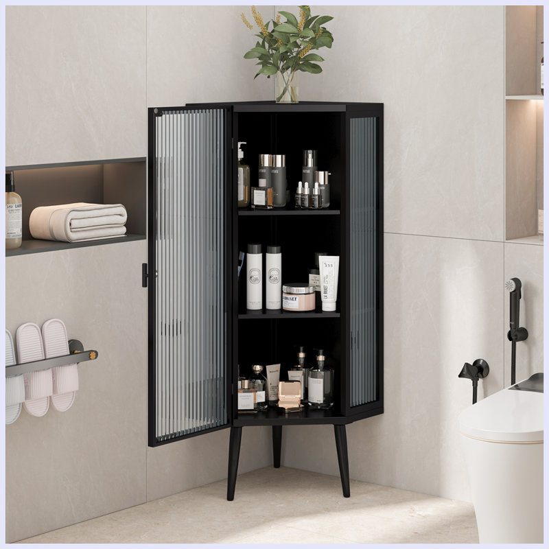 Armoire moderne avec portes en verre trempé et tablettes de rangement, Noir