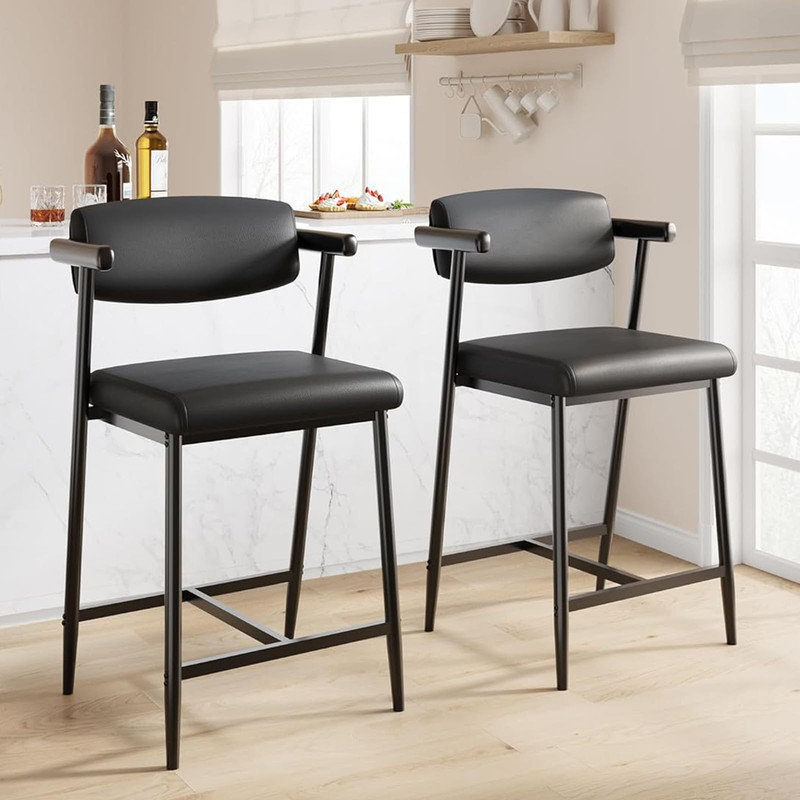 Black Bar Stools Set of 2, 26.5" Counter Height with Armrests & Footrest, 300Lbs Capacity, Upholstered Thick Cushion Bar Chairs for Kitchen/Bar