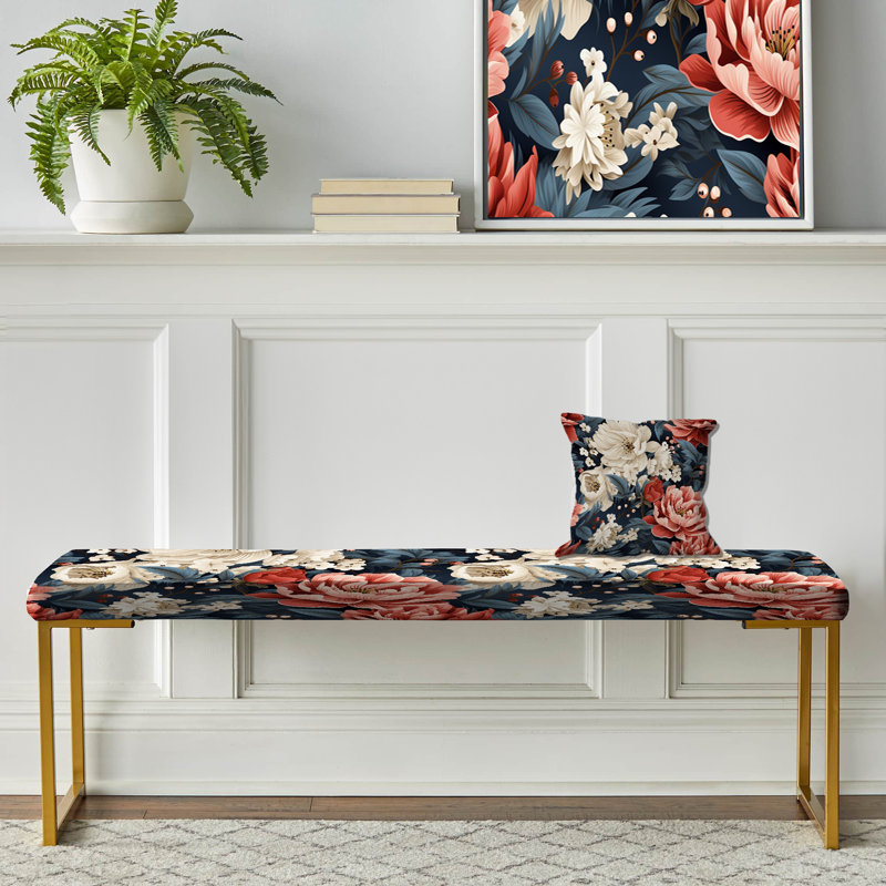 Beige And Light Red Farmhouse Floral Pattern - Floral Upholstered Gold Bench