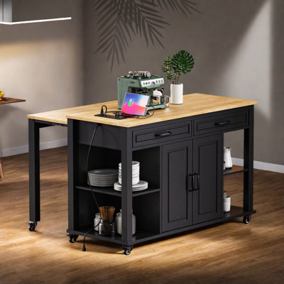 Kitchen Island With Extendable Dining Table, Internal Storage Rack, Power Outlet, 2 Drawers, 2 Cabinet And Open Shelves by Lark Manor