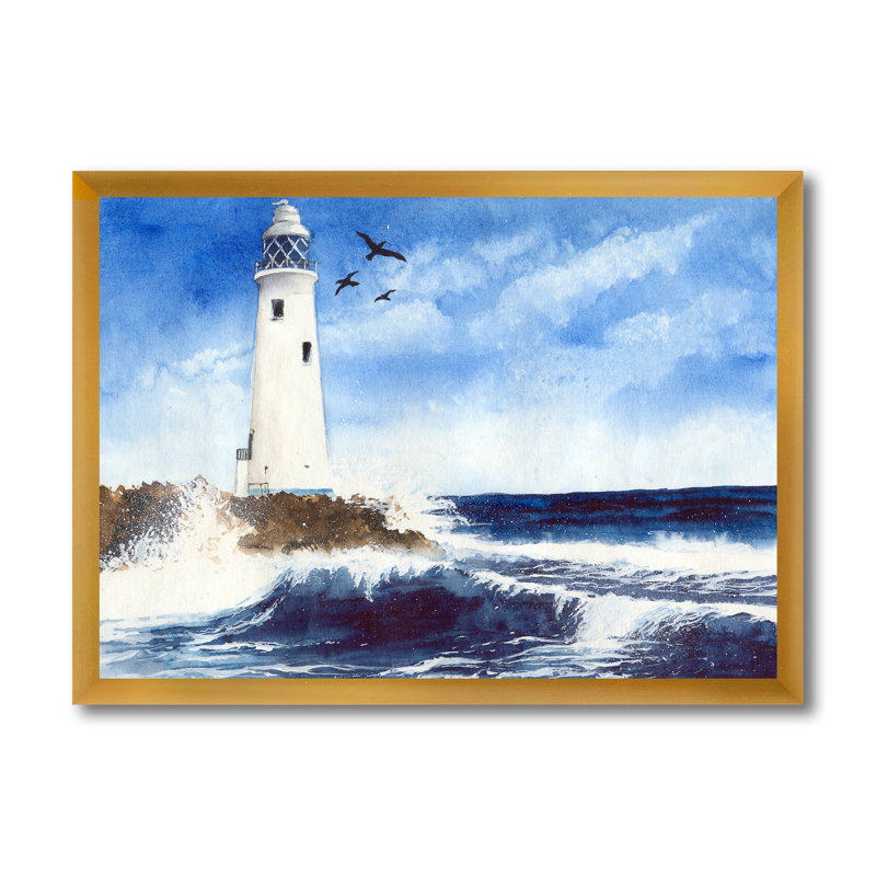 Phare sur une île rocheuse avec des mouettes - Peinture sur toile, H 12 po x l 20 po x P 1,5 po, Toile encadrée dorée