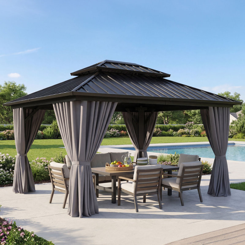 Hardtop Double-Roofed Aluminum Patio Gazebo Multiple Sizes, 16 ft x 12 ft, Gray