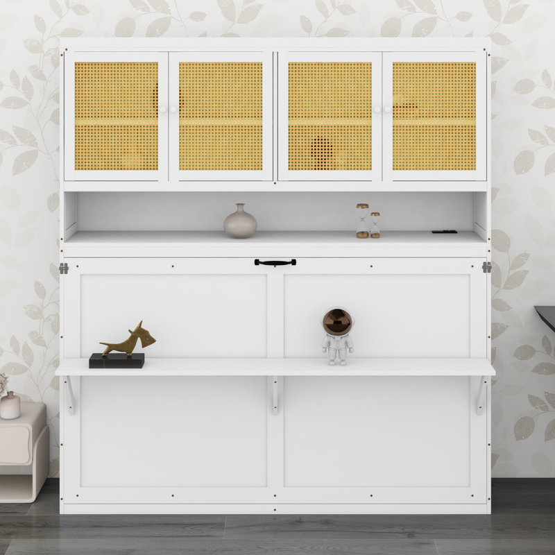 Lit escamotable mural peu encombrant avec armoire supérieure, éclairage intégré et ports USB, White