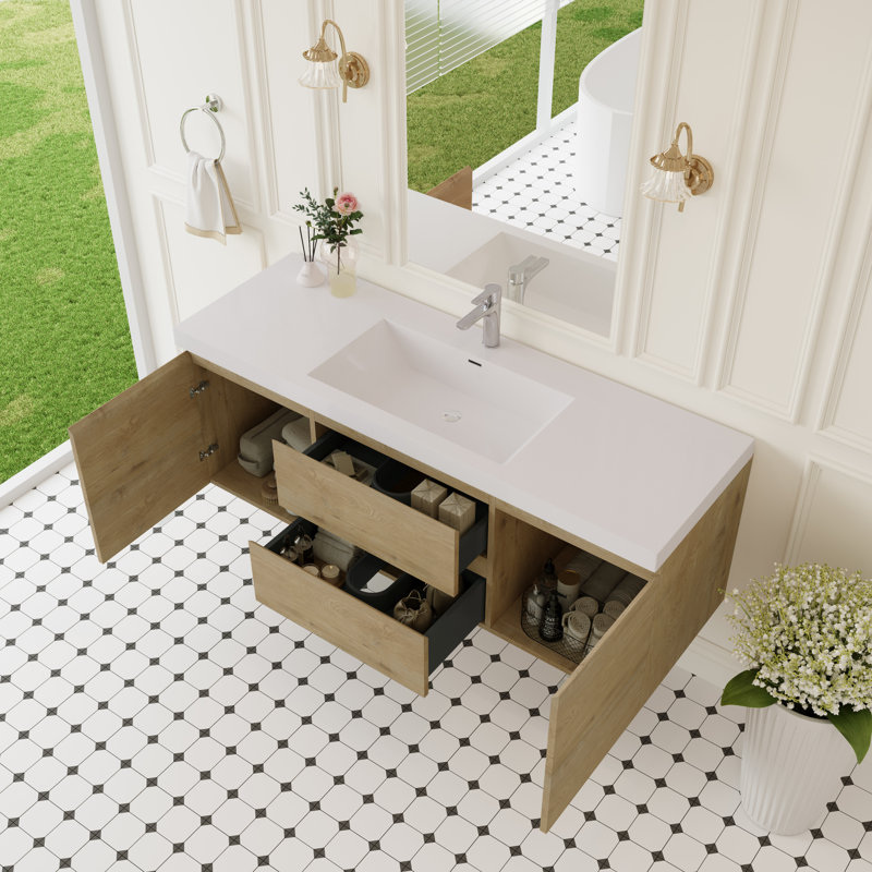 Meuble-lavabo mural moderne en chêne, fabrication en bois pour une élégance de salle de bain peu encombrante