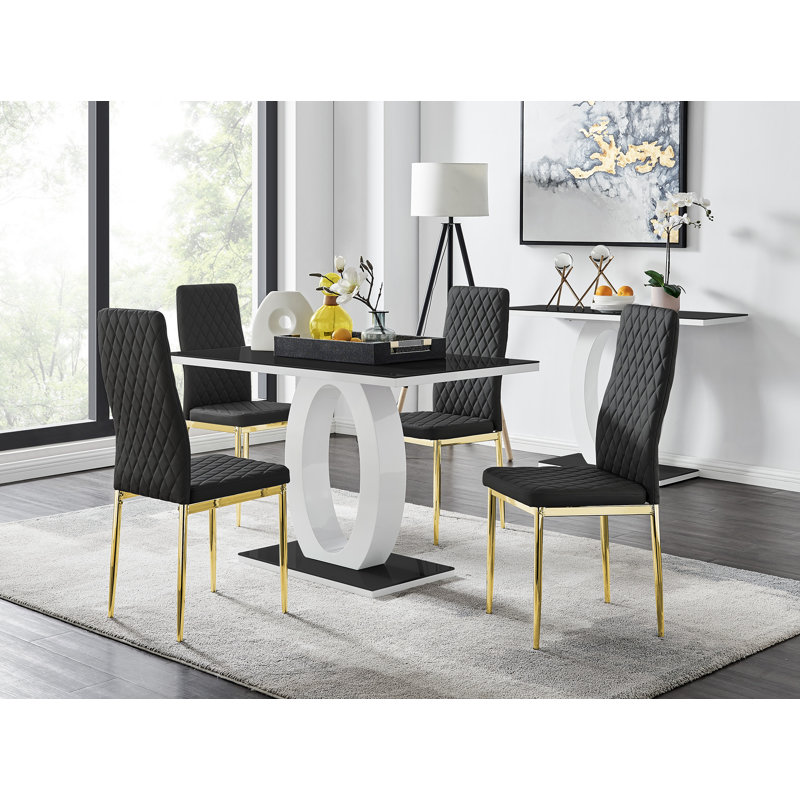 Scottsmoor 5-Piece Faux Leather Upholstered Dining Set with Pedestal Table Base, Black/Gold, Black