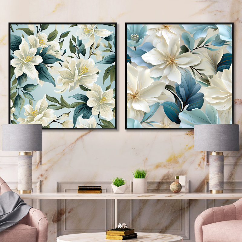 Copen - Ensemble de 2 collages floraux carrés, Cadre flottant noir, H 16 po x l 33 po