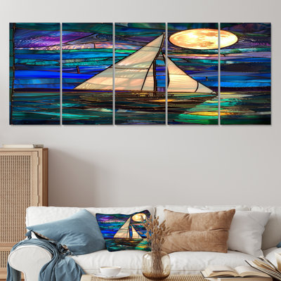 Sailboat Moonlight On Blue And Green Ocean - Boat Wall Art Decor Set 5 Piece -  Design Art, PT93226-401-XL