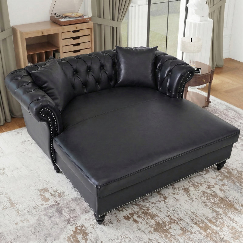 63" Chesterfield Sleeper Sofa with Button Tufting, Nailhead Trim, and Solid Wood Legs, Black, Black