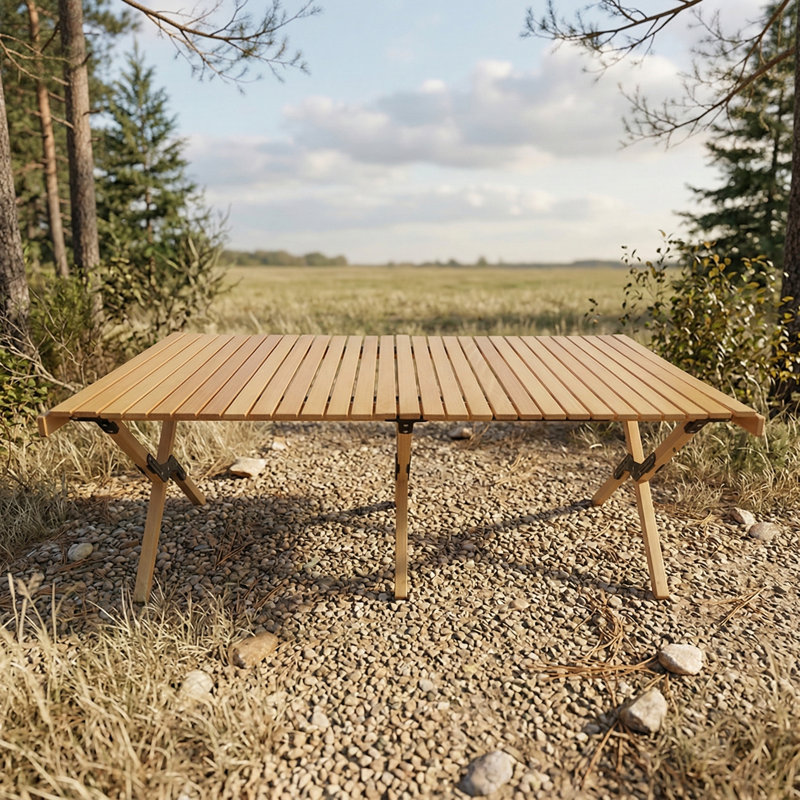 Table de salle à manger portable multifonctionnelle en bois avec un design pliable. Finition dans un ton de bois naturel. Convient à une utilisation intérieure et extérieure.