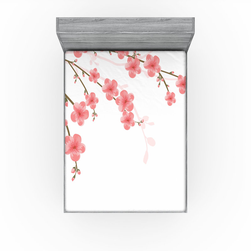 Ambesonne Flower Fitted Sheet 2-Pack Cherry Blossom Art Pink Green, Full Fitted Sheet