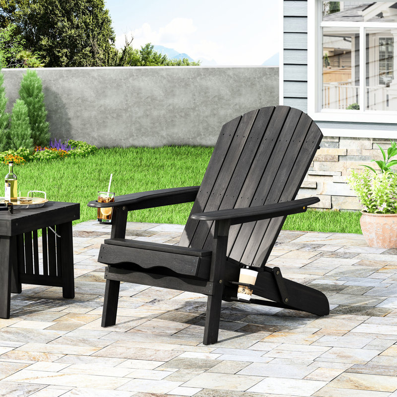 Dark Grey Wooden Chair With Cup Holders & Folding Feature, 29.98 In. Depth, 34.79 Width, 33.3 Height, 22.32 Lb For Patio Deck Poolside Rustic In Wood Holder, Lb,