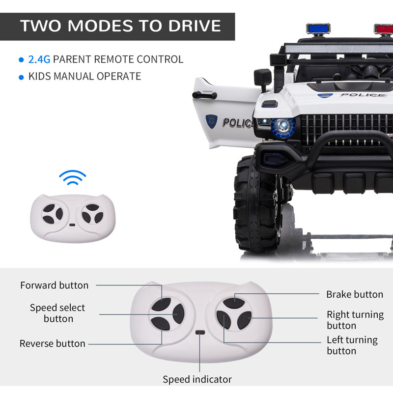 White 12V Police Ride-On Truck with Remote Control