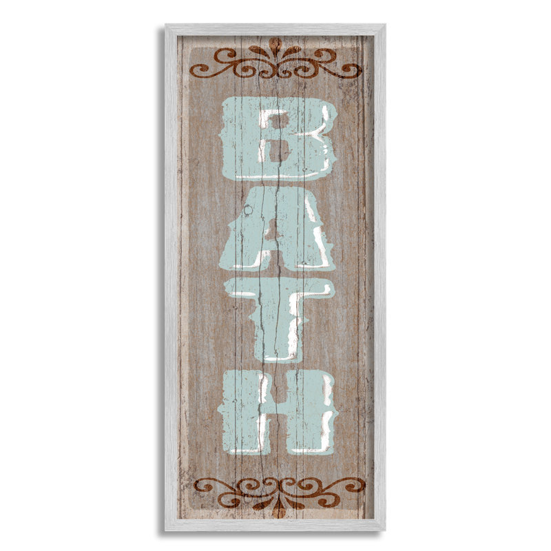 " Rustic Charm Bath Sign Blue Brown Family Bathroom " by Art Licencing Studio, 13" W x 30" H, Farmhouse Grey Framed Giclee
