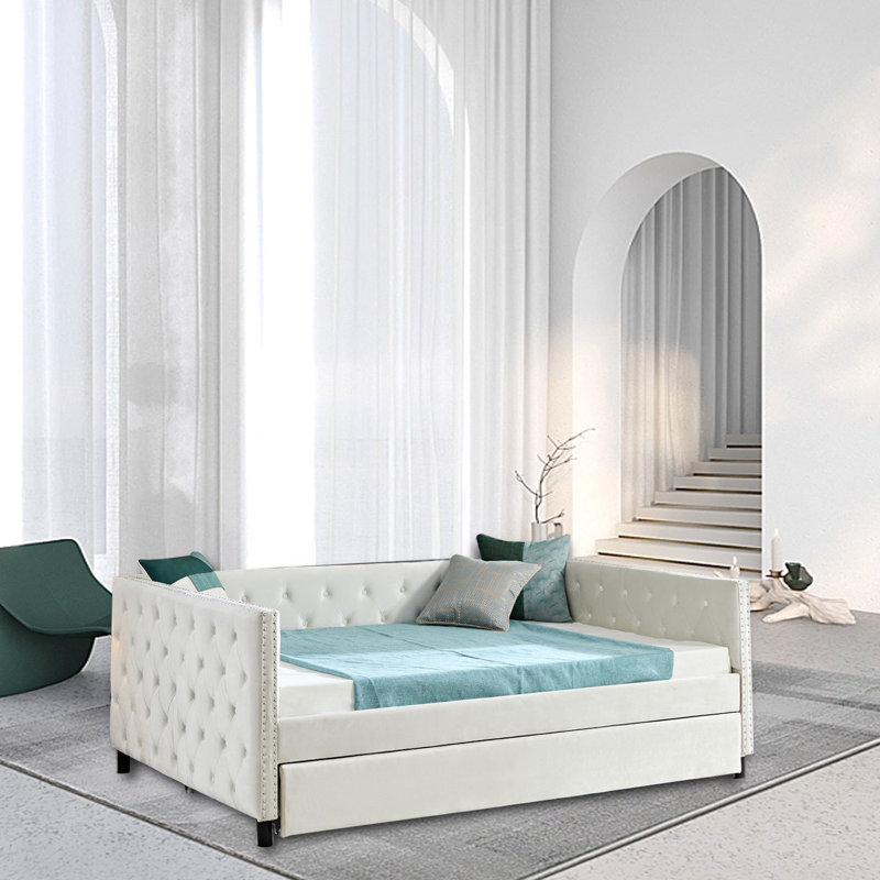 Lit de jour rembourré Leandra, Beige, Lit gigogne inclus, Double