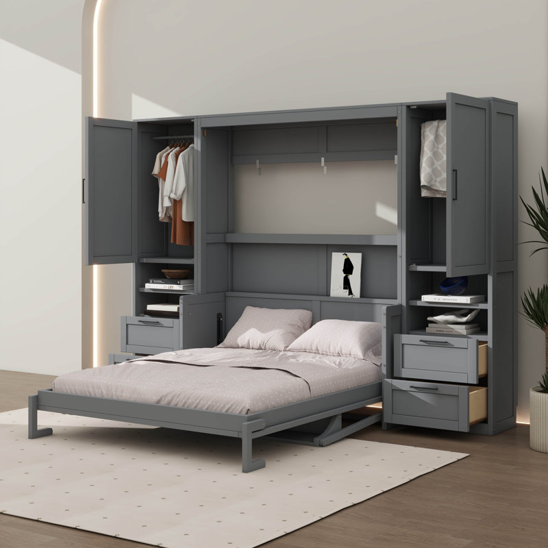 Lit escamotable double pleine grandeur avec placard, tiroirs et tablettes, gris, Double / double, Gris