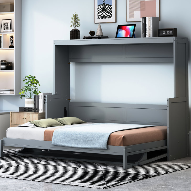 Lit relevable hydraulique gris avec bureau - Améliore l'efficacité de la pièce et offre une solution de vie pratique