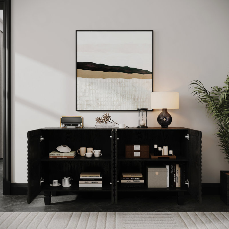 Buffet 59 po, 4 portes Sunburst, crédence moderne pour salle à manger - noir