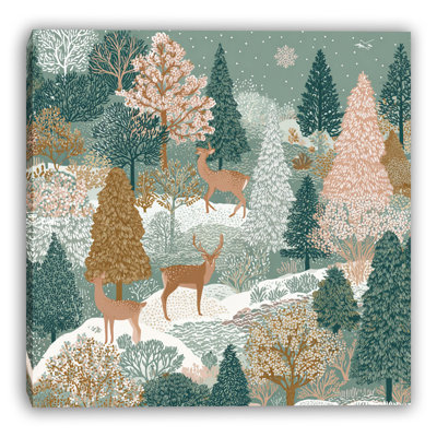 Teal Winter Deer Forest Wrapped Canvas Wall Art