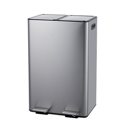 16 Gallon Dual Compartment Trash Can, Stainless Steel Step-On Recycling Bin with Soft-Close Lids and 2 Removable Inner Buckets for Kitchen & Office