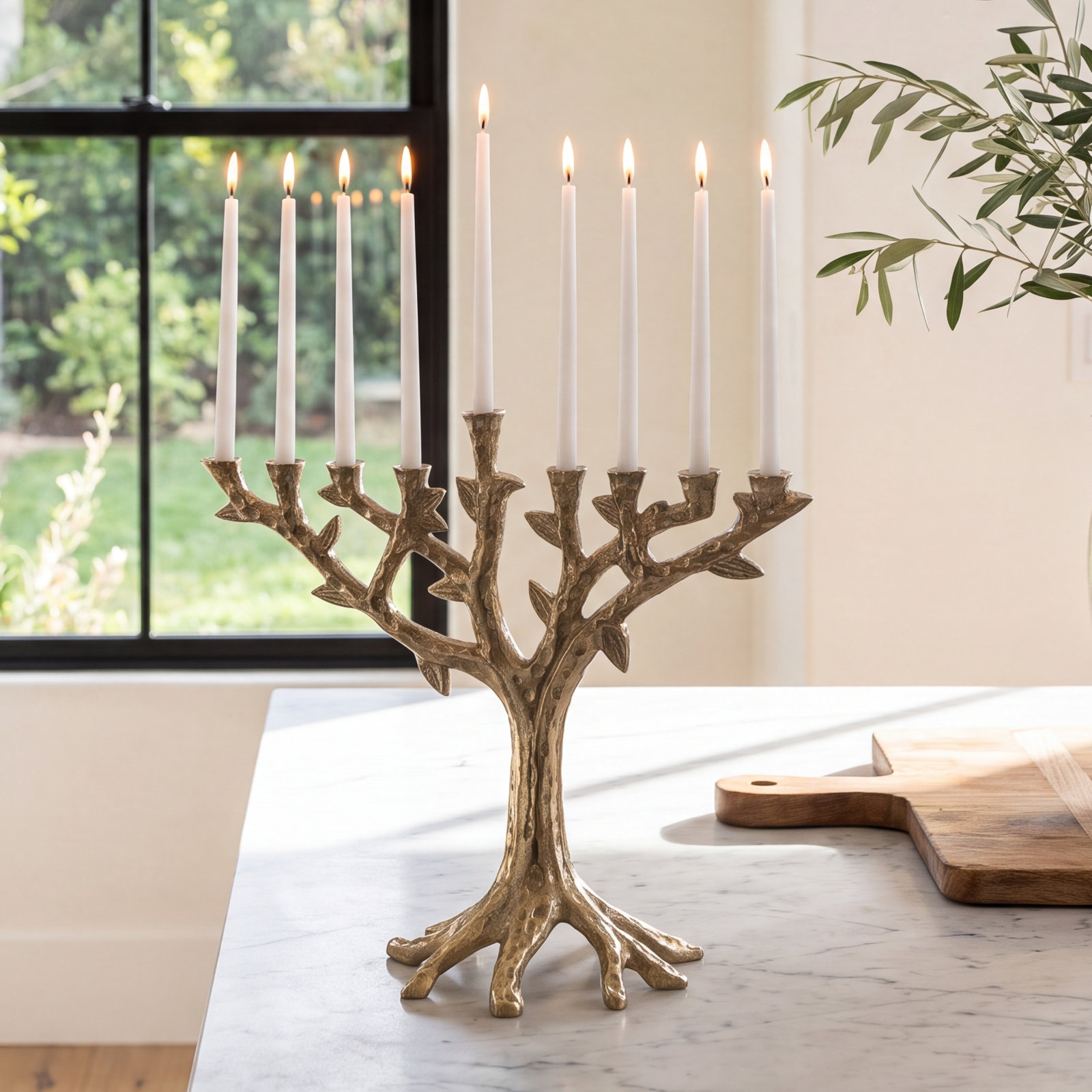 12" Tree Trunk Tabletop Brass Menorah