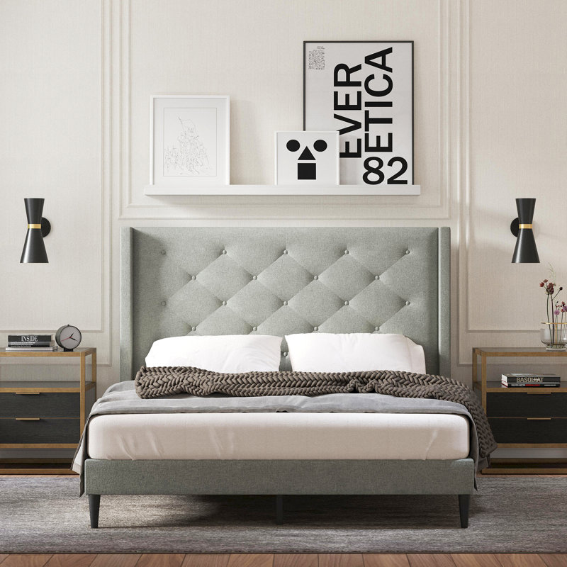 Amiliya Upholstered Wingback Bed, Stone, Queen