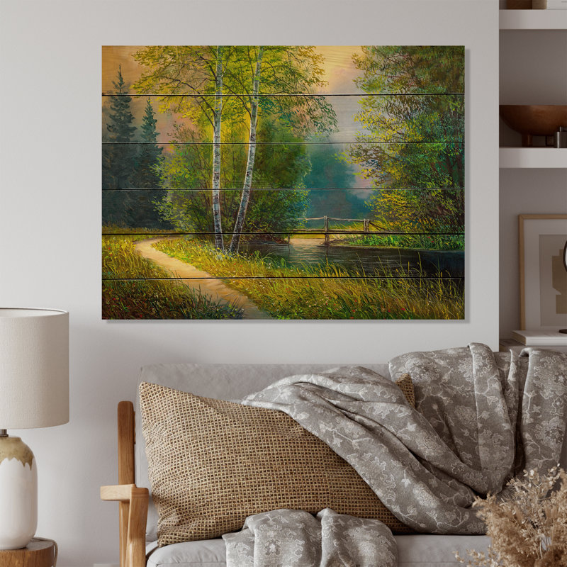 Forêt, paysage sur une rivière d'été - impression sans cadre sur bois, H 24 po x l 36 po x P 1 po