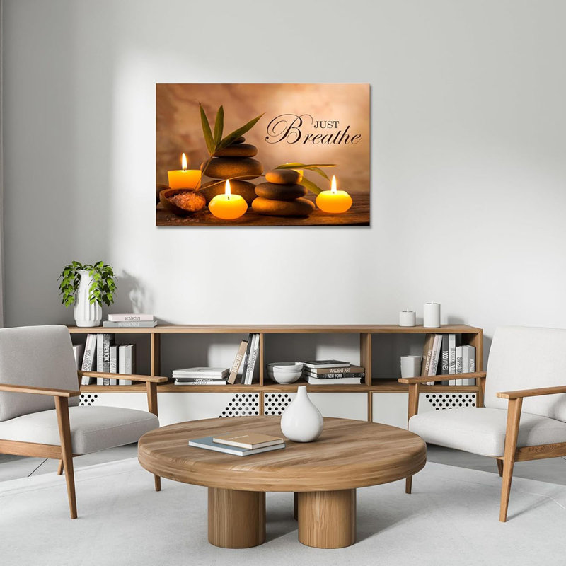 Zen Wall Decor Just Breathe Motivational Bathroom Wall Art Yoga Room Poster Spa Picture Painting Spiritual Artwork Framed for Living Room Ready to Hang (16L x 24W)