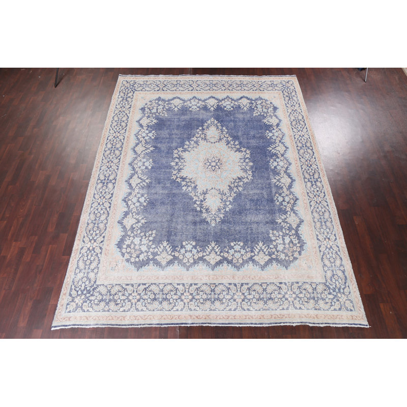 Tapis bleu persan Kerman délavé noué à la main 10 x 13