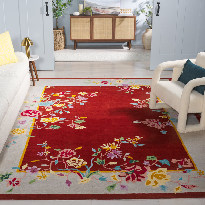 Laine touffetée à la main Metro 729; Tapis floral en coton rouille / beige, Rectangle 8 pi x 10 pi