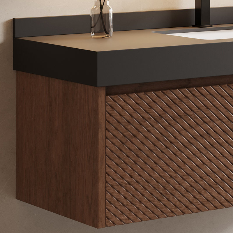 Ensemble de meuble-lavabo simple 48 po, 48 po, bois massif brun, plateau de table en pierre noire, 2 tiroirs