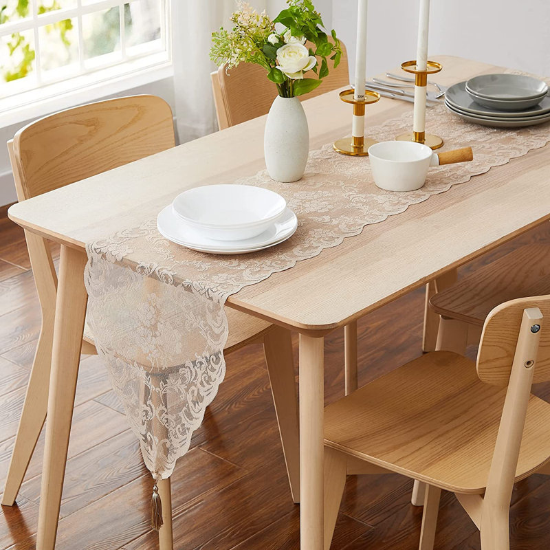 Lace Table Runner With 2 Tassels, Beige, 14" x 72"