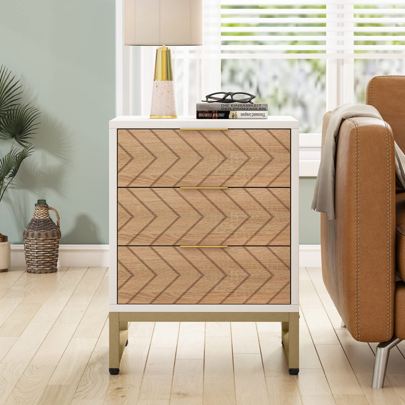 Modern Nightstand 3 Drawers Bedside Table, White/Beige/Gold