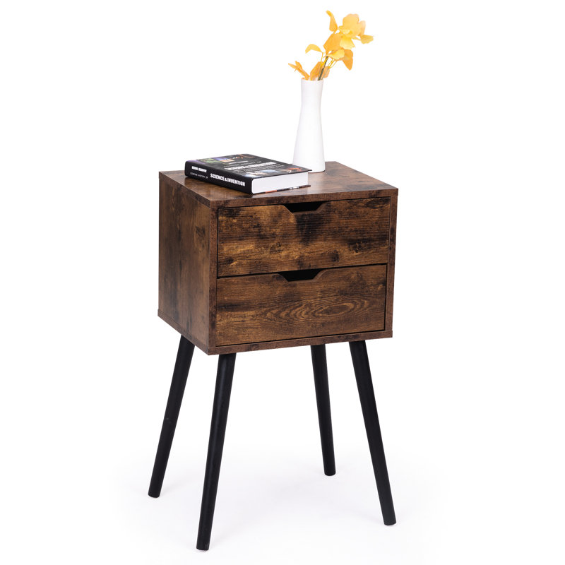 Rustic Brown Bedside Unit With 2 Deep Drawers - Solid Wood Legs, For Bedroom Storage Living Room Table Practical Addition