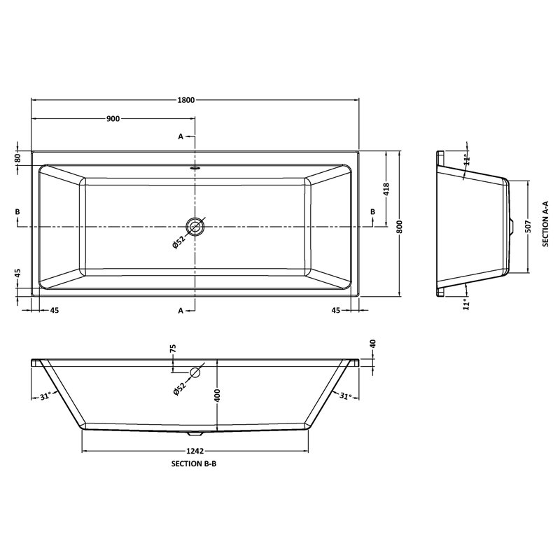 Asselby x Drop-In Soaking Acrylic Bathtub, 40cm H x 80cm W x 180cm L