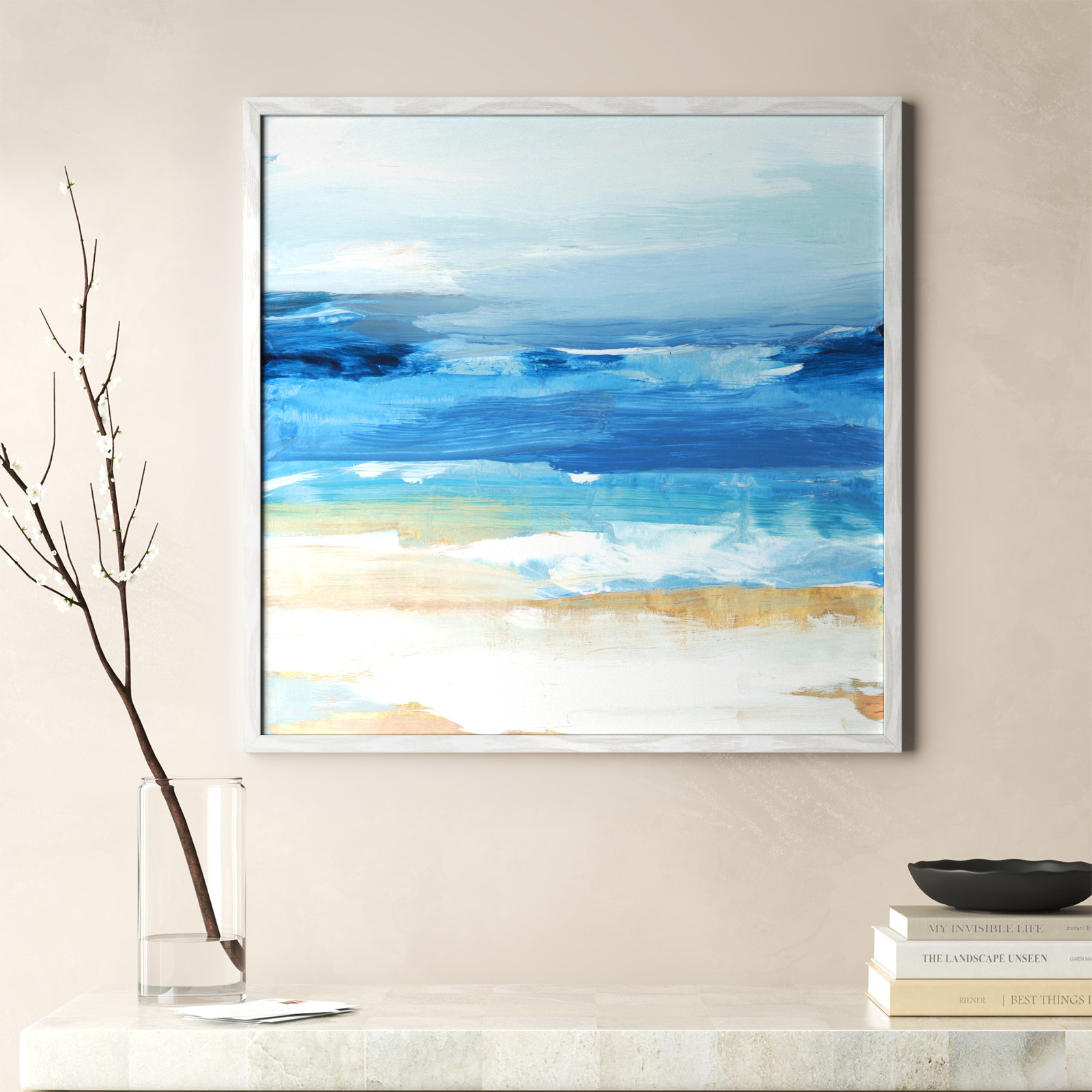 Daphnee "Surface Waves" Painting, 27.5" H x 27.5" W x 0.75" D, White Framed