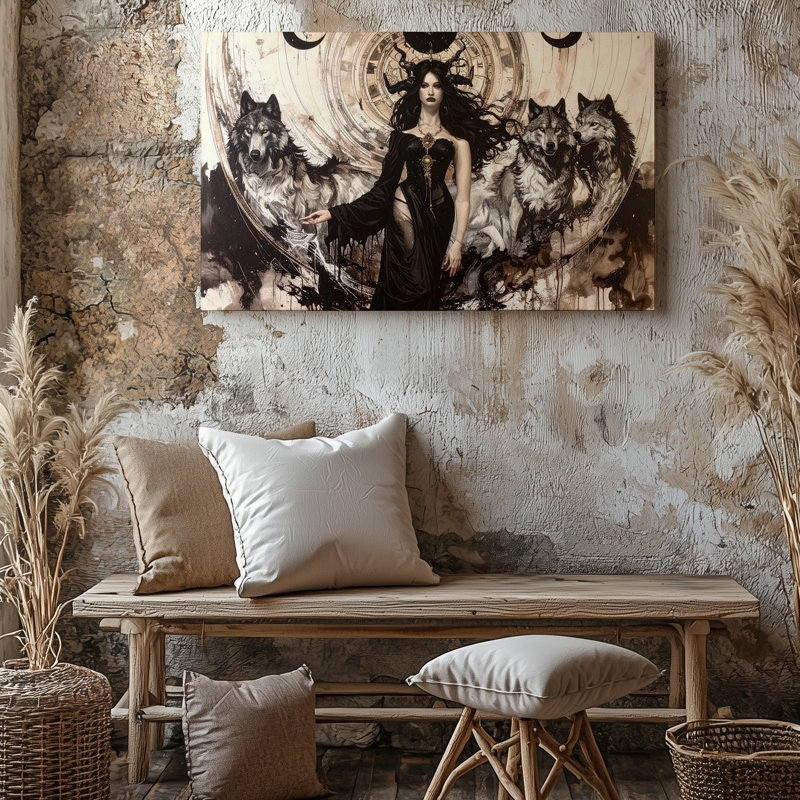 Art mural occultant de la lune prêtresse et loups, H 9 po x l 12 po
